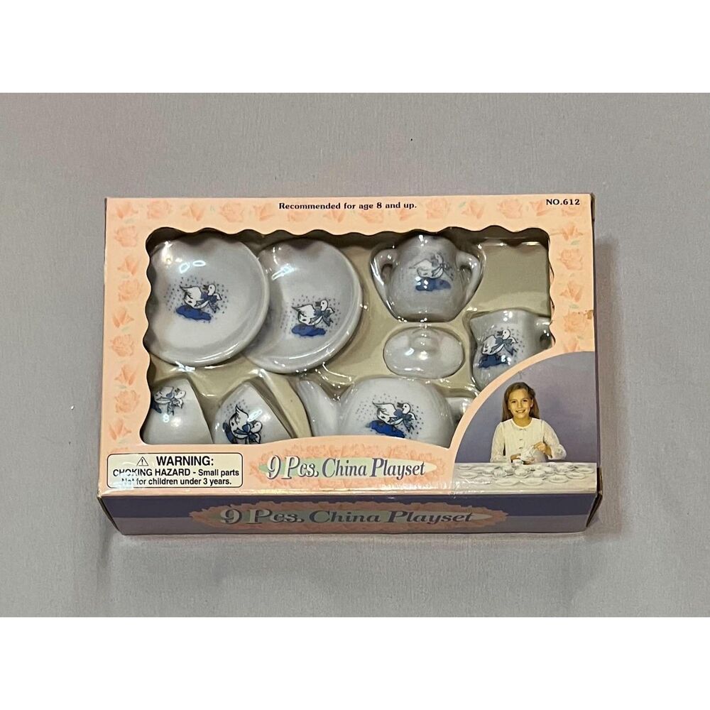 Vintage Mega Toys 9 Pcs China Playset Miniature Tea Set Blue Goose Motif NIB
